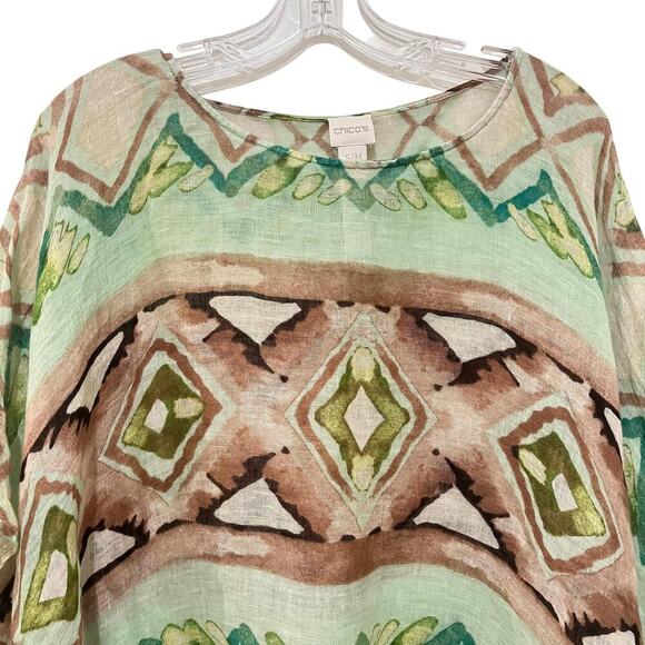Chicos Top Womens Small Medium Green Brown Geometric Linen Blouse Poncho Boho - Picture 3 of 8
